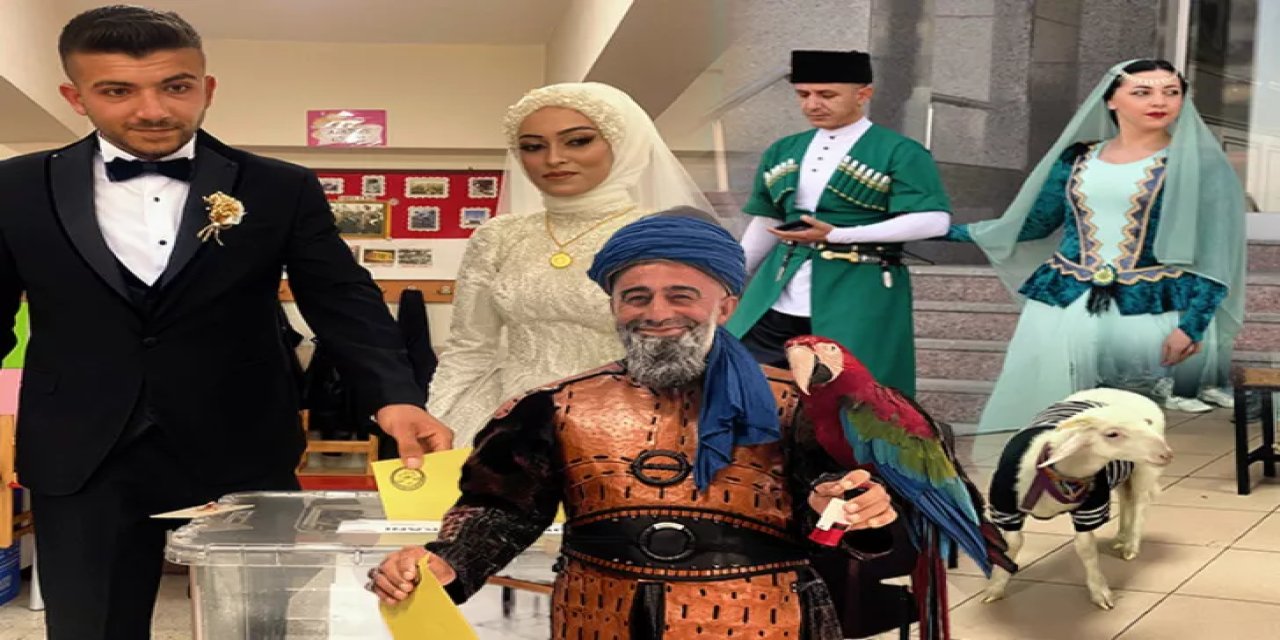 İkinci tur seçimlerinde renkli görüntüler! Kimi papağanıyla, kimi de gelinlik ve damatlığıyla geldi.