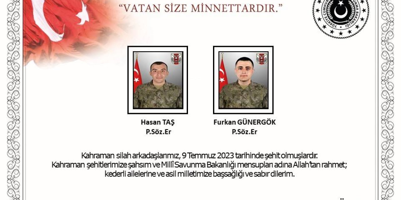 Milli Savunma Bakanlığı Açıkladı: 2 Şehit Verdik!