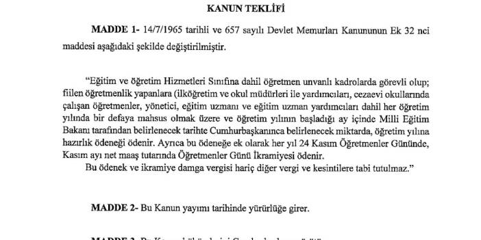 Öğretmenlere bir maaş ikramiye ödenmesi için kanun teklifi TBMM’ye sunuldu
